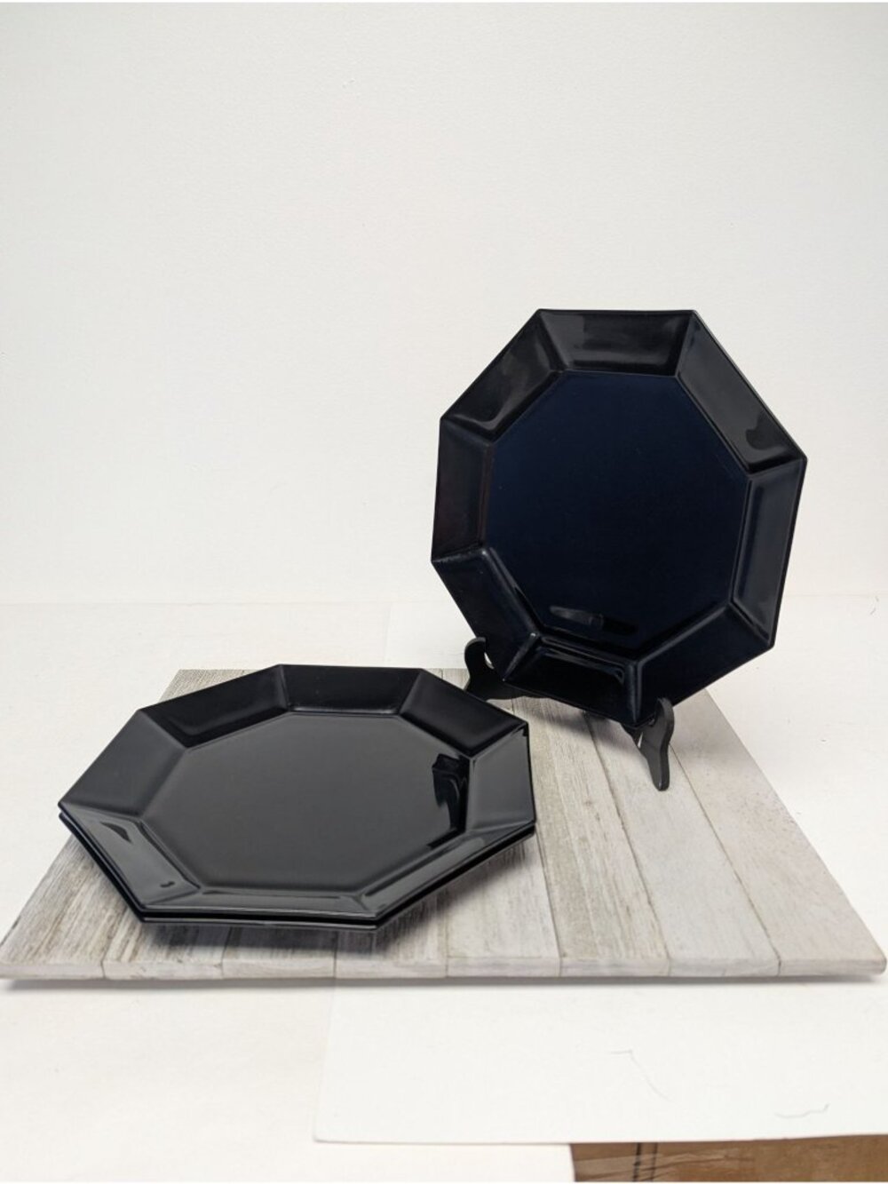 Set of 3 Arcoroc France Octime Black Glass Octagon Dinner Plates 10"